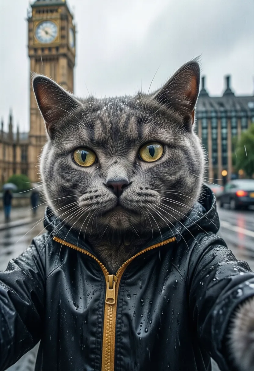 A realistic gray cat taking a selfie in front of Big Ben in London, raindrops on its fur, wearing a miniature raincoat