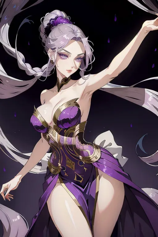Top hourglass figure, Good Shoulders, Small waist, Big hips, Heart and oval face shape, Angular jaw, Elaborate and flowing hairstyle, long wavy hair cascading down, mix of purple and silver hues, intricate braids and twists adorned with decorative hairpins, hair moves gracefully with her movements emphasizing her elegance, Enchanting and theatrical attire, lavish flowing ballerina-like gown, dominant color palette of deep purples and silvers, incorporates metallic accents and shimmering fabrics, emphasis on fluidity and movement to evoke a dance-like appearance, Mysterious and captivating makeup, dark smoky eyeshadow with a touch of shimmer, long sweeping eyelashes that enhance her gaze, subtle shades of purple and silver on
her lips and cheeks, glowing porcelain-like complexion with an air of elegance, pale, slender and graceful physique, a tall and statuesque stature, elegantly elongated limbs and fingers, porcelain-like pale skin, long flowing wavy hair in purple and silver hues, enchanting smoky and expressive eyes, dark smoky eyeshadow with shimmer, long sweeping eyelashes that enhance her gaze, subtle shades of purple and silver makeup on lips and cheeks, intricate braids and twists in her hair adorned with decorative hairpins, lavish and flowing ballerina-like gown in deep purples and silvers, incorporation of metallic accents and shimmering fabrics in her outfit, fluid and graceful movements reminiscent of a dancer, and an overall aura of sophistication and mystique, ballora fnaf, slender and graceful physique, a tall and statuesque stature of 7 feet, elongated limbs and fingers, porcelain-like pale skin, long flowing wavy hair in purple and silver hues, enchanting smoky and expressive eyes, dark smoky eyeshadow with shimmer, long sweeping eyelashes that enhance her gaze, subtle shades of purple and silver makeup on lips and cheeks, intricate braids and twists in her hair adorned with decorative hairpins, graceful and hypnotic movements reminiscent of a dancer