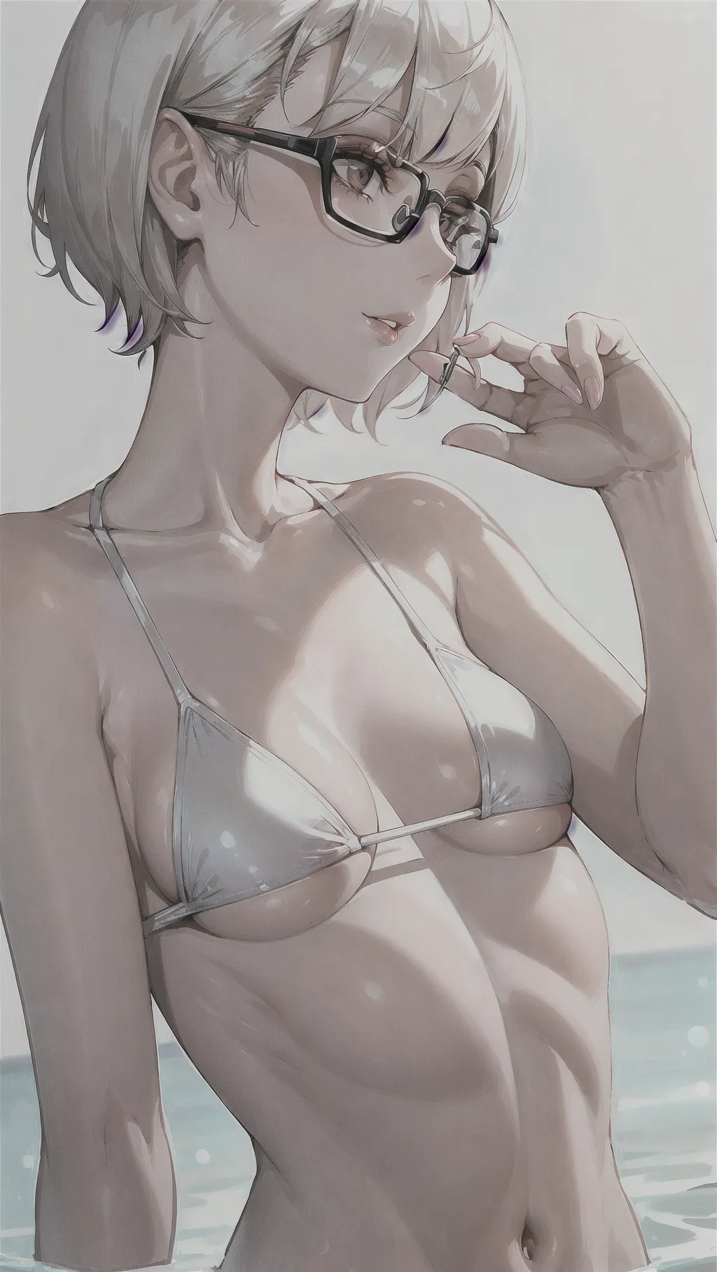 A pale woman, pixie cut, glasses, nsfw, small boobs, swim suit, close up