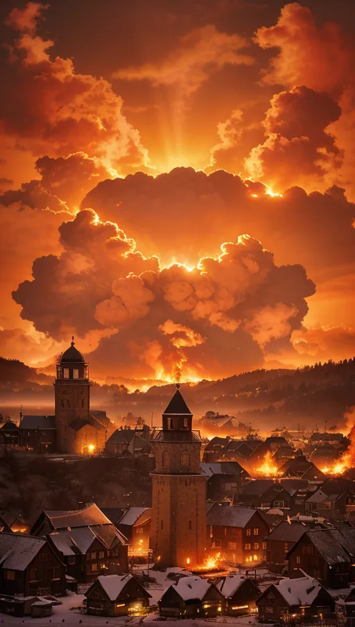Sunset sky,
Burning sky,
Fiery sky,
The sunset is sprouting solar flare tentacles burning the dusk sky and the village beneath it