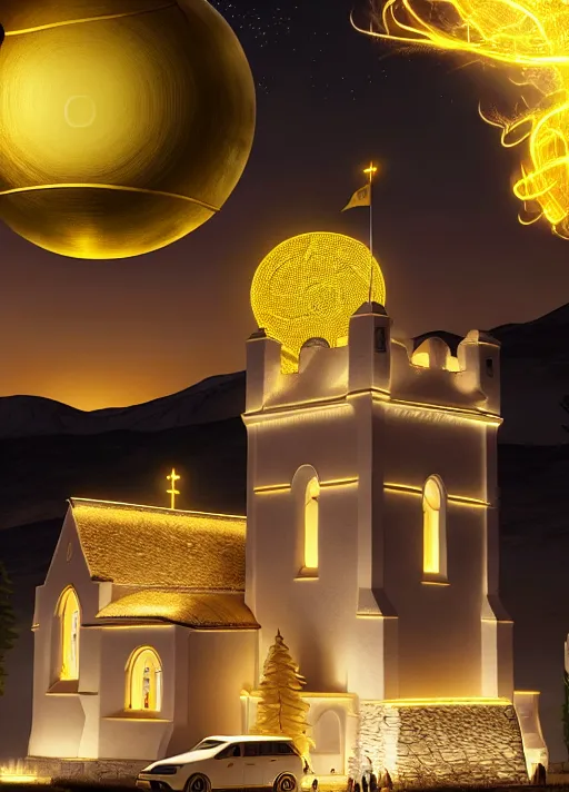 A romanesque White church at night with a highly detailed golden complete full moon
Immediately above and behind the tower,
Stars, meteor shower, mountains in the background,
Flag pole on top of the church tower
Sexy Celtic Christian priestess in the foreground
Photorealistic, ultra realistic, highly detailed, absurdres,