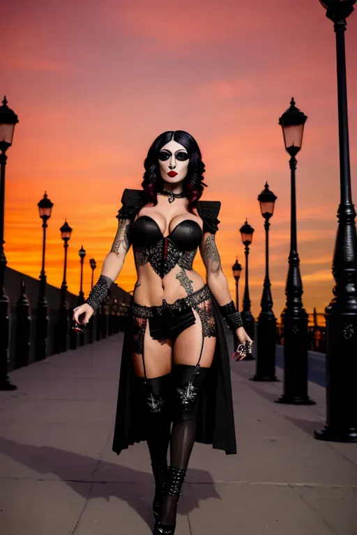 photograph, 35 year old, a vampire girl, fit, goth clothes, black, red carpet, sunset, street lights, happy, 8k, professional