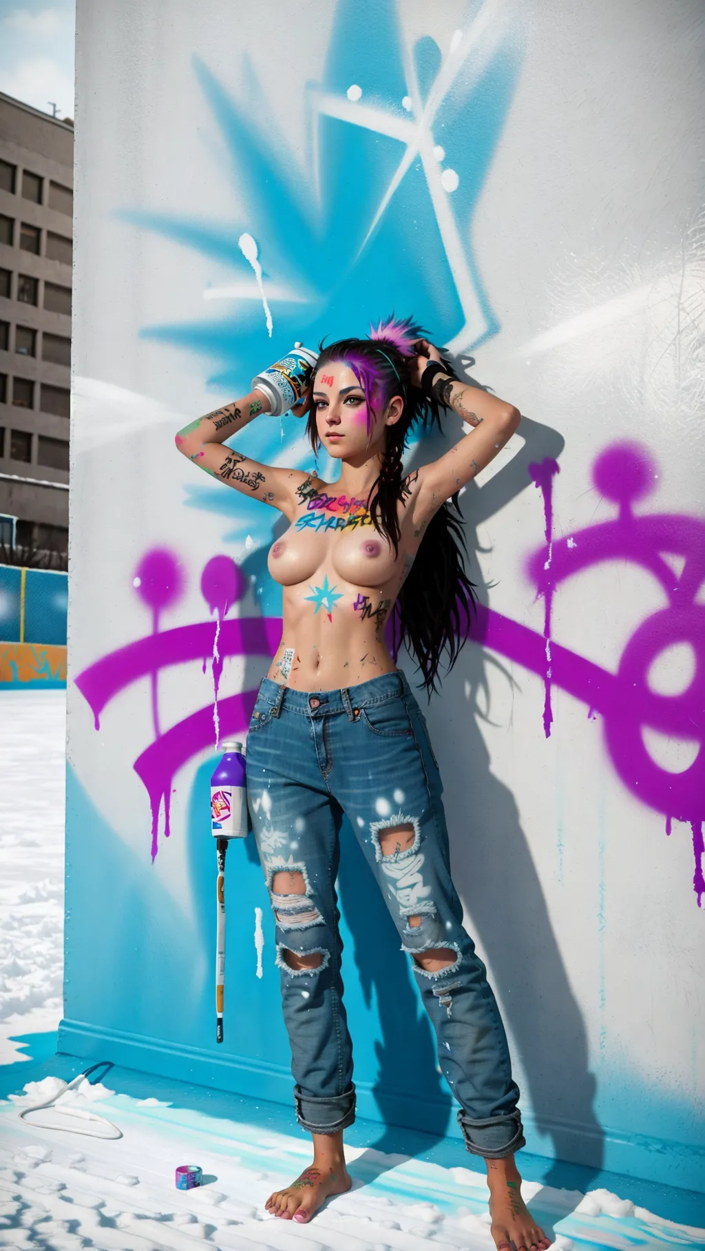 full-body image of a fit toned hot topless barefoot punk girl with long hair wearing baggy jeans while holding a can of spray paint and painting graffiti on the walls of an outdoor ice rink during snowy winter with graffiti paint on her breasts and spray paint on her feet, facing away from viewer, sexy feet, barefoot, spray paint on feet, on an ice rink,