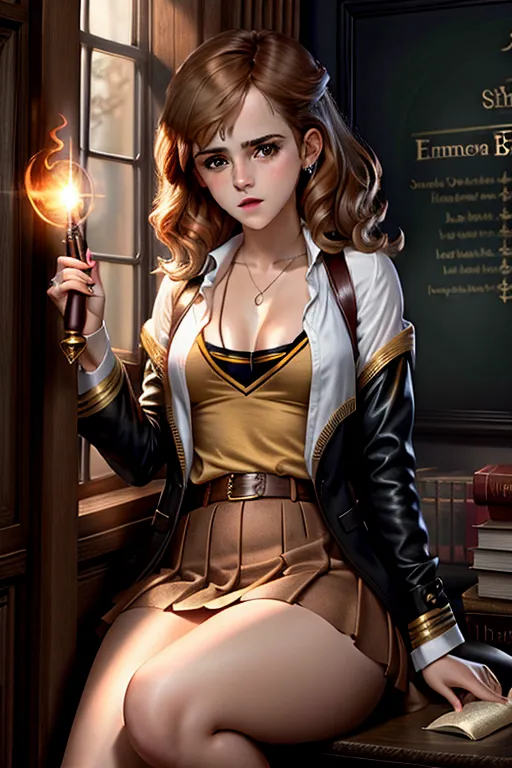 Emma watson, hermione granger, seductive look, slutty school outfit, licking wand, magic, open blouse, witch, magic surrounding