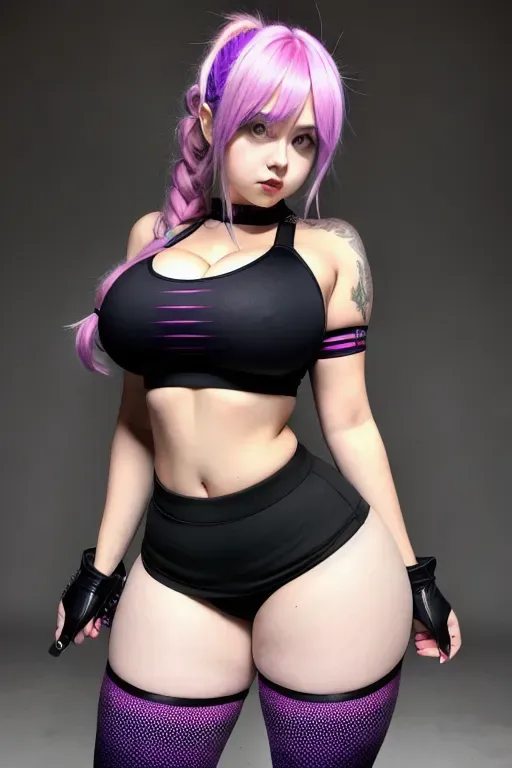 Hex maniac, large breasts, wide hips, goth girl, sports bra and leggings, crazy look, wild long hair, yandere, chubby girl,