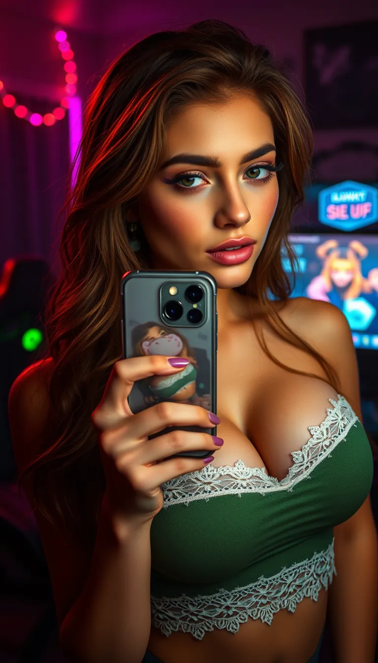 a woman with huge breasts buttocks and lips. A young woman with long, wavy brown hair poses in front of a mirror, wearing a green cropped top with a white lace trim. She holds a phone with a cartoon-themed case, reflecting her face and surroundings. The background features colorful LED lights, a gaming setup with a monitor, and a gaming chair, highlighting a contemporary room aesthetic. Her makeup includes distinct purple eyeliner.