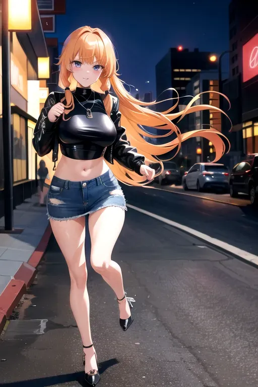 full body, strawberry blonde hair, hazel eyes, short girl, denim miniskirt, black high heels, looking at viewer, long hair, pale skin, silver necklace, black crop top, 24 years old, giant breasts, cute face, pov, wavy hair, city environment, Oklahoma City, wide eyes, erotic, skirt tug, leather jacket, nighttime, black backpack, slim body, low pigtails, running towards camera