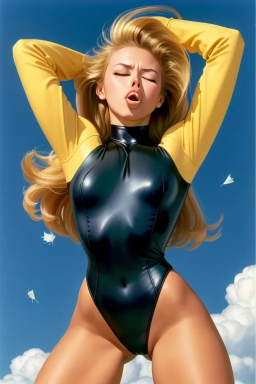 Forward thrusting Hyper contrast young Pamela Anderson, in longsleeved leotard ((Bare thighs)), They must be having a powerful (((sneezing fit))) ((sneezing)) allergy, hay fever, with nostrils flaring, ((eyes closed)) and ((their mouths wide open)),