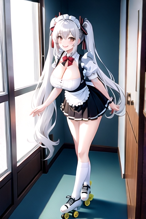8k quality, brown eyes, pale white skin, white hair, giant breasts, cleavage, looking at viewer, pov, long hair, wavy hair, standing in bedroom, maid uniform, roller skates, miniskirt, pigtails, full body photo, smiling
