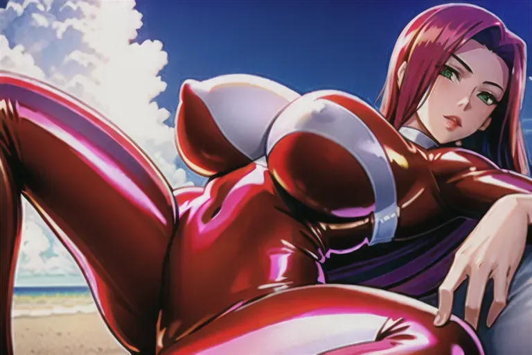 A cocept art of, a beautiful girl with red a hair,pale skin ,white latex body suit,top ,doing sexy pose,on the beach,huge boobs, five slender fingers, long hair,charming face,beautiful lips,green eyes,curved eyebrows,smooth skin,cosy,cinematic lighting,8k,artstation,professional,highly detailed,soft covered nipples
