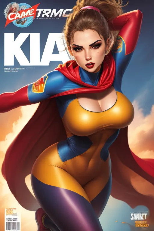 painted comic book character, beautiful female, skintight costume, cape, makeup, athletic, sexy, flight pose