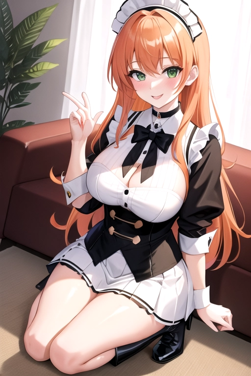 long hair, pale skin, orange hair, green eyes, black choker, giant H-cup breasts, wavy hair, white maid uniform, smiling, full body photo, 28 years old, miniskirt, cleavage, high heels, corset, 8k quality, boots, in living room