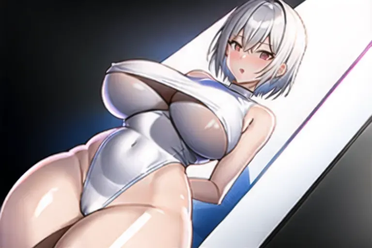 sexy, short, naked, asian girl, white hair, wide hips, thick thighs, extremely skinny waist, big boobs, wearing white latex clothes, full body image, showing naked boobs, looking at camera, both eyes even, entire body in frame, standing up, very skinny waist, skinny belly, skinny abdomen, very wide hips, matching eyes, doing something,
