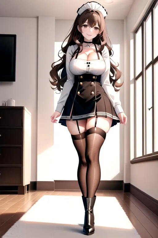 thigh high socks, miniskirt, white maid uniform, brown hair, choker, brown eyes, pale skin, giant breasts, boots, cleavage, high heels, looking at viewer, walking across room, living room, 1girl, smiling, wavy hair, 8K, Full body photo