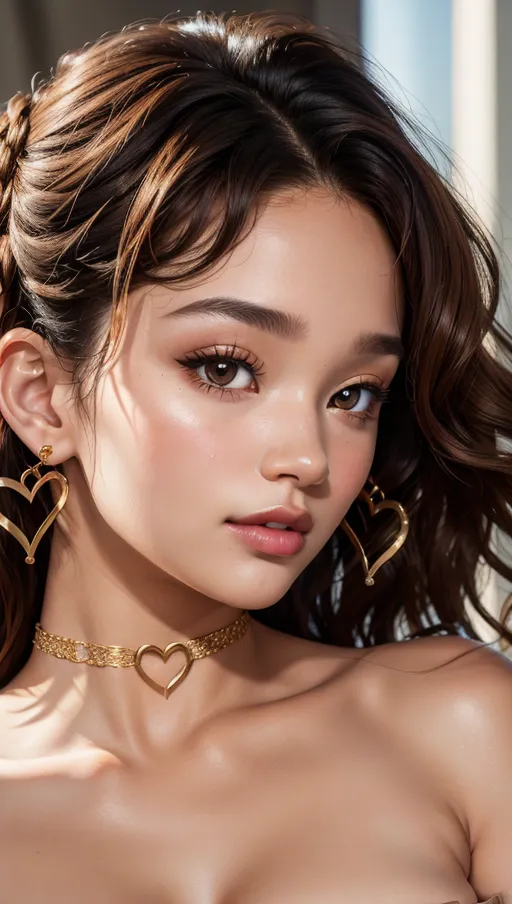 best quality, (((ultra high res))), (detailed face and eyes), hearts, perfect face, choker, golden earrings, jewelry, Ashley Moore, (face closeup), heart, charming, curls, topless