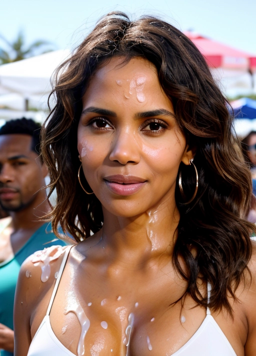 ( Glamorous young Halle Berry:1.02),
(accurate face, photorealistic face,perfect face,detailed face:1.27),
(on crowded beach, walking in crowd:1.1),
(wearing red bikini:1.1),
dpmg_face_cum_v1, (covered in cum, cum on face, facial, bukkake,cum on hair:1.56),
<lora:bukkake:0.23>,
deviantart,
uncensored,
HDR, UHD, 64K,
Highly detailed,
Studio lighting,
Professional,
Trending on artstation,
Unreal engine,
Vivid Colors,
Bokeh