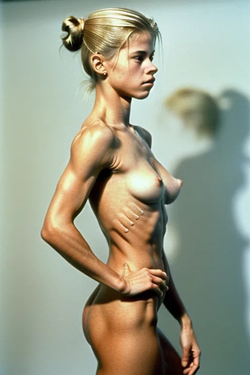 A fit and thin 18 year old fully naked Linda Hamilton, look of pain on her face, pushing her abs out, very low body fat, extremely lean body, perfect body, showing her vagina, standing on the set of a 1990's porn movie, fully nude, spreading her legs, perfectly shaped breast, blonde hair, spreading her legs wide open, hair bun, side view of her body