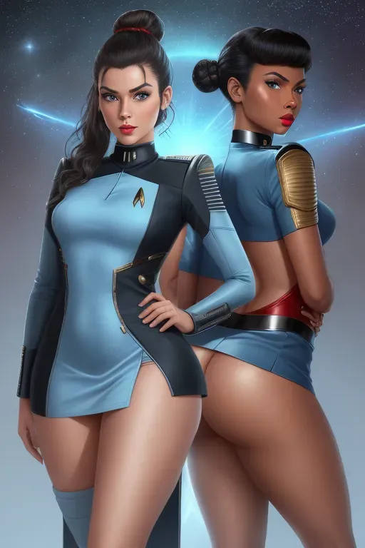 Star trek the original series, vulcan female, science officer, lieutenant, hair bun, blue eyes, red lips, dark skin, solid blue one-piece hip length skirt, average waist size, thick butt, curvy thighs, pussy, thigh high boots, live long and prosper, 60s