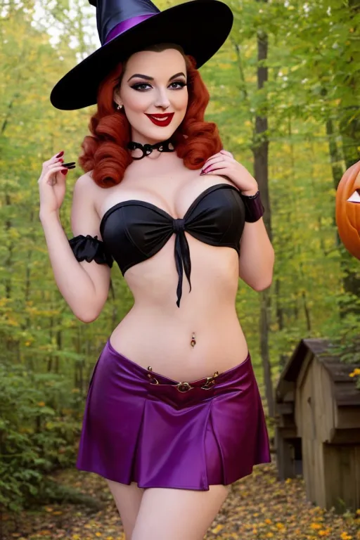 Full color, Halloween, gorgeous witch, cauldron, warm sexually welcoming smile, closeup, 1940s style pinup hairstyle and makeup, looking into the camera lens, deep plunge sweetheart style navel revealing neckline, cleavage, miniskirt, sexually aroused, Halloween decorations, sexually excited,