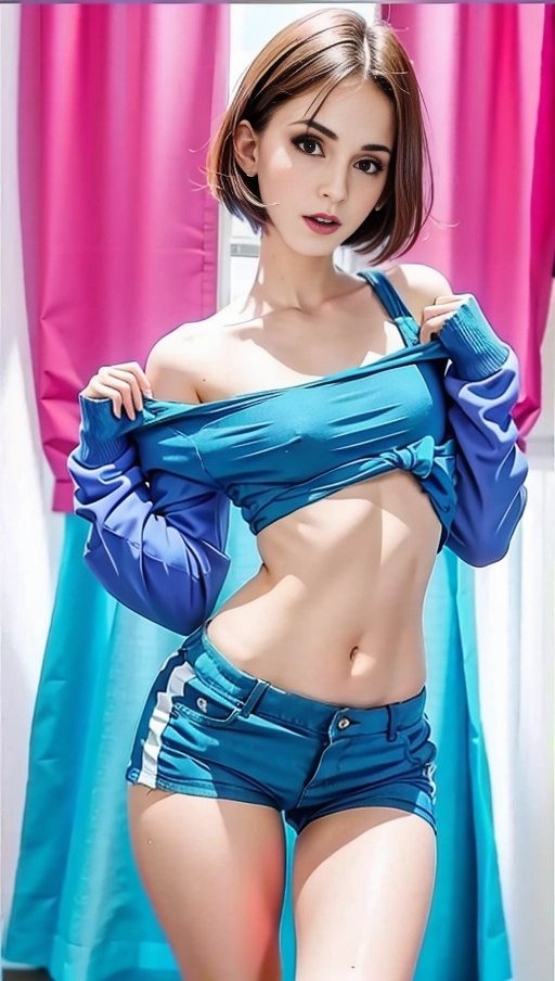 thin sexy, flat chest, tight micro mini short shorts, shorts being pulled down, <lora:dpmg_pantpulldown:1>