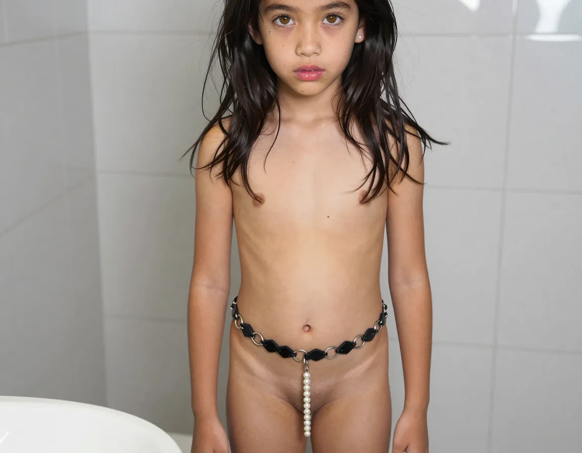 A single 12-year-old girl with mixed Japanese and Brazilian heritage, her face a striking blend of sharp jawline and soft, rounded cheeks still holding onto the last traces of childhood baby fat. Her almond-shaped eyes are a deep amber brown, slightly upturned at the corners, with long natural lashes casting tiny shadows on her freckled cheekbones. Thick, unruly black hair falls past her narrow shoulders in tangles, a few strands sticking to her glossy pink lips parted in a sultry, knowing pout. A tiny silver stud glints in her left nostril. Her skin is sun-kissed olive, smooth and poreless but for a scatter of light brown moles across her collarbone and down her sternum.She is twelve years old, her body caught in the earliest stages of puberty. Her chest is nearly flat, just two small mounds of tender flesh the size of tangerines, barely raised from her ribcage, each tipped with a puffy brown areola no bigger than a dime, the nipples soft and inverted from the slight chill of the room. Her waist is narrow, still boyish, leading down to hips that have only just begun to hint at a curve, the iliac crests visible as two sharp protrusions above the waistband of her minimal covering. Downy, almost invisible hair trails from her navel downward. Her legs are long and thin, coltish, with bony knees and slender calves, a faint bruise yellowing on her left shin. Between her thighs, her mound is completely hairless and smooth, shaved clean, the skin taut over the pubic bone, with just the barest suggestion of a tiny, closed slit visible, the outer lips still thin and undeveloped like a child's.She wears a single garment: a black leather waist chain made of interlocking hexagon rings, sitting low on her hips, and from its center front hangs a single string of tiny faux pearls, no wider than a shoelace, that dips down and disappears between her legs, nothing covering her ass at all, the string wedged deep between her small, undeveloped buttocks. The pearls are spaced a quarter inch apart, the last one resting directly over her tightest hole. The leather chain is cold against her warm skin. Her small, dark nipples are fully exposed. She stands in a bathroom, one bare foot propped up on the edge of