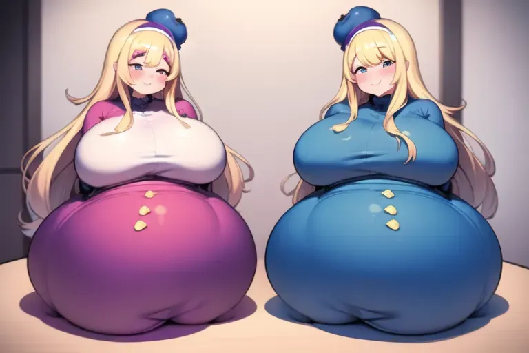 Blueberry inflation, Blonde hair, large breasts, morbidly obese, overweight, xxxl, bbw, so fat, chubby arms, very fat belly, very round fat face, belly button, breast hold, very large fat ass, very chubby thicc fat thighs, blush, smiling, indoors, modern home, colourful