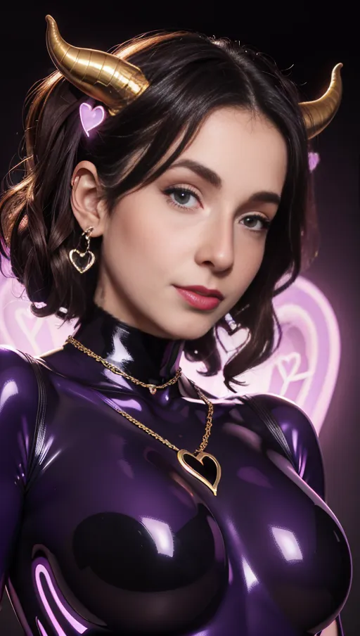 best quality, (((ultra high res))), (detailed face and eyes), hearts, perfect face, choker, golden earrings, jewelry, (face closeup), purple glowing heart, (latex bodysuit), latex Arms, latex decollete, black latex, purple heart necklace, brown hair, topless, succubus, horns, tail, snake coiling, heart pasties