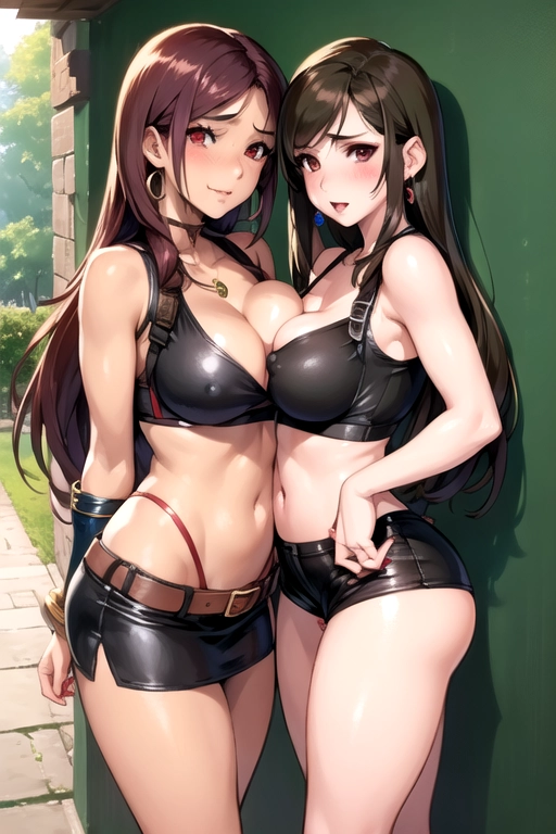2girls, tifa and aerith, (makeup:1), (random face:1.4), (outfit:1.5), cleavage, 8k, UHD, nice (breasts:1.4), nipples, (slut:1.4), (cum:1), jewellery, earrings,