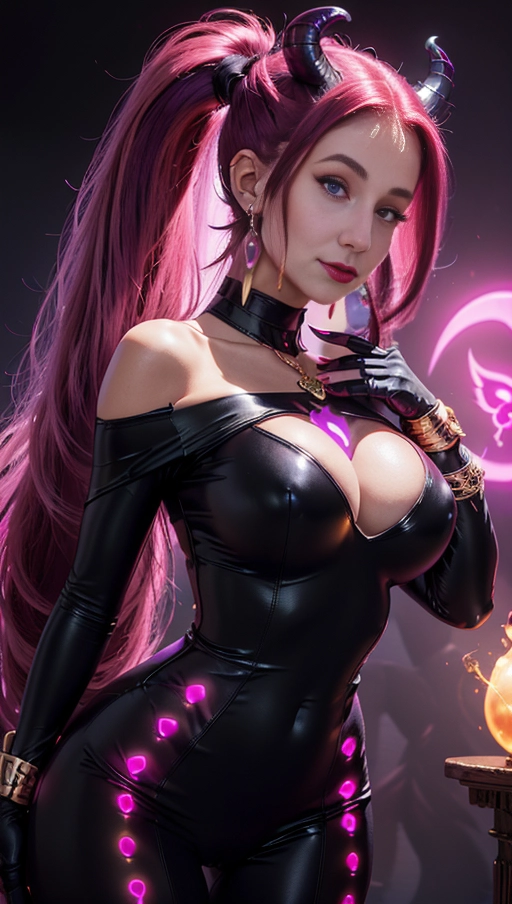 best quality, (((ultra high res))), (((detailed face and eyes))), (perfect face), big shining heart choker, earrings, jewelry, (((big glowing succubus mark))), ((((big glowing succubus bodymark)))), (((conjuring))), (witch), ((long voluminous hair)), (((black gloves))), ((pink hair)), straight hair, (((golden bracelet))), ((single ponytail)), (((huge hair cuff))), ((skintight neckholder dress with low neckline)), ((face closeup)), purple, (burgundy red lipstick), (((neckholder top with low neckline))), ((((demon tail)))), ((long sleeves)), ((purple glowing heart)), (((cameltoe)))