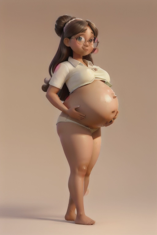 view from behind, Pretty and sweet filipina woman, 30 years old, very dark tan skin, exposed belly, ((((bloated swollen heavily pregnant belly)))), ((((((enormous pregnant belly)))))), blushing, barefoot, <lora:dpmg_round_glasses:1>, cute round glasses, really cute, sexy, blushing, seductive, looking back at viewer, bashful, barefoot