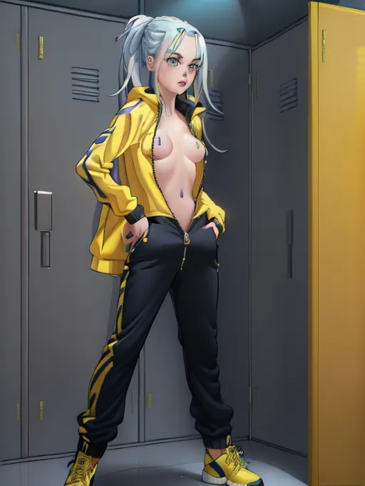 realistic HD photograph ((wide shot)), (((glamorous Billie Eilish))) ((((accurate face)))),(((in a locker room)))(((wearing unzipped yellow tracksuit with black trim)))(((topless))),((very sexy pose)),(((small perky breasts)))((blue eyes)),(((slender body))), five slender fingers, beautiful face, beautiful lips,detailed large eyes,curved eyebrows,cgsociety,cinematic lighting,studio lighting,professional,editorial,<lora:dpmg_fingering:1>