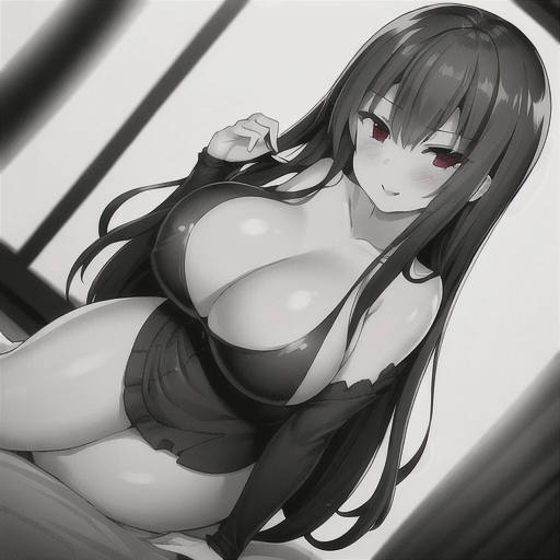 wide angle Shot in black and white with a splash of red of a very detailed innocent looking thin female vampire with dark hair showing cleavage, in a dimly lit bedroom with a large window showing a lightning storm outside and a dildo next to her