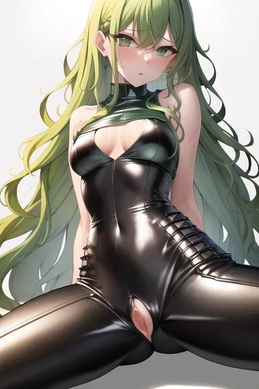 best quality, masterpiece, wet pussy, green wavy long hair, green eyes, spread legs, zoom in, side bangs, suggestive expression, ripped leather pants showing wet pussy, sleevless black shirt, small breasts