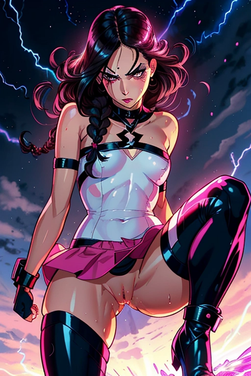 Superhero, sweet, submissive, cute, seducing me, shoulder length braided brunette hair, heavy eyebrows, small nose, blushing full cheeks, full lips, medium breasts, pink and black one piece skirt uniform, lightning emblem on chest, some tummy, full thighs, thick ass, naked, spread ass, throbbing anus, aroused wet vagina, aroused clit, thigh high boots, flying, lightning, ((high definition)), ((4k quality)), ((excellent lighting)), ((great shading)), ((pristine detail)), ((really clear picture)), ((beautiful vibrant colors)), ((accurate at lower prompt guidence)), ((ultra realistic)), (((five fingers per hand))), (((two arms per person))), (((two legs per person)))