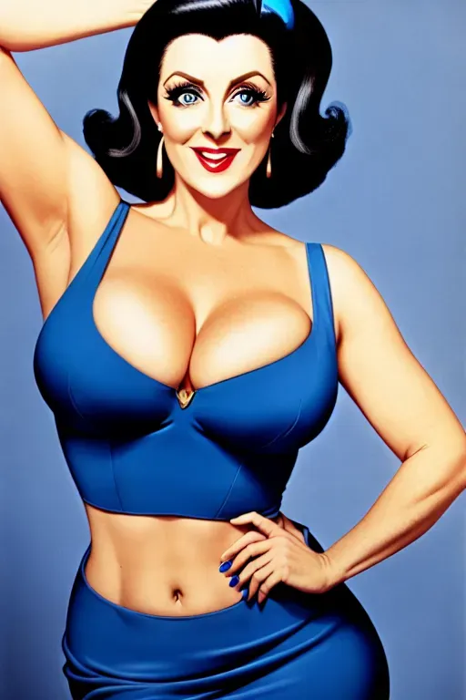 Jane Krakowski as Betty Rubble, sexy blue dress, cleavage, Black hair, blue eyes, Betty_Rubble, pussy, anatomically correct,