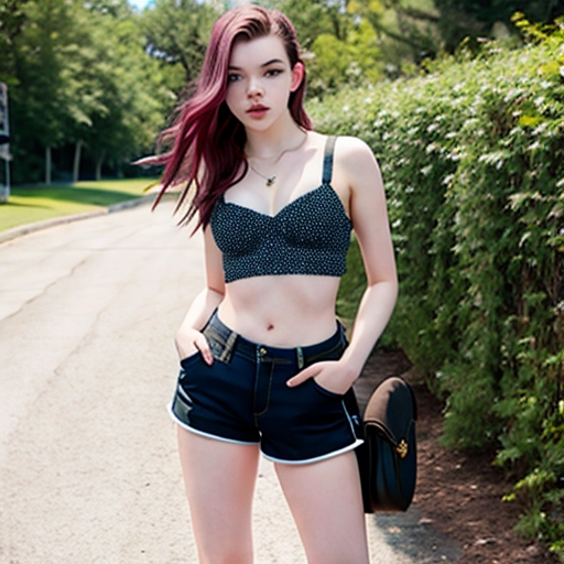 Anya taylor-joy, sexy pose, hyper realistic, grunge clothes, ripped shorts, fish nets, realistic face