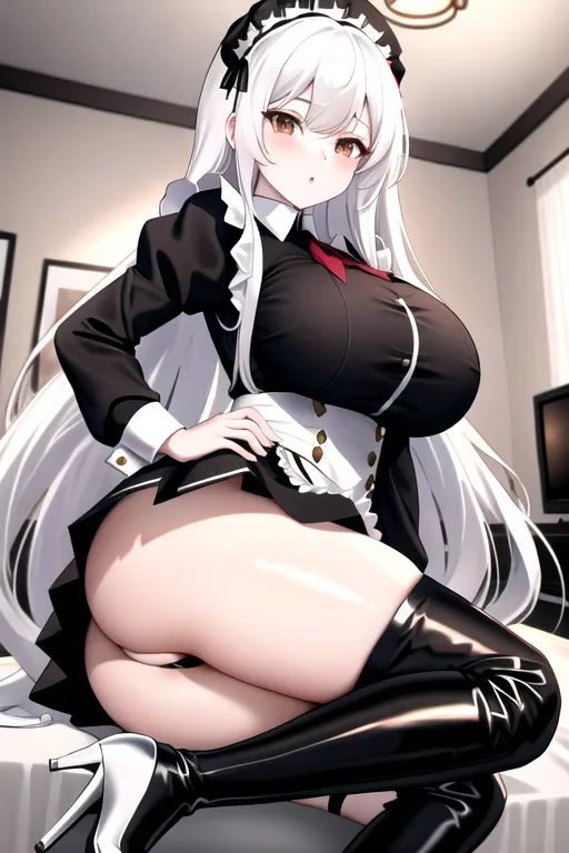 long hair, white hair, brown eyes, miniskirt, black maid uniform, giant breasts, looking at viewer, in living room, high heels, pale skin, thigh high boots