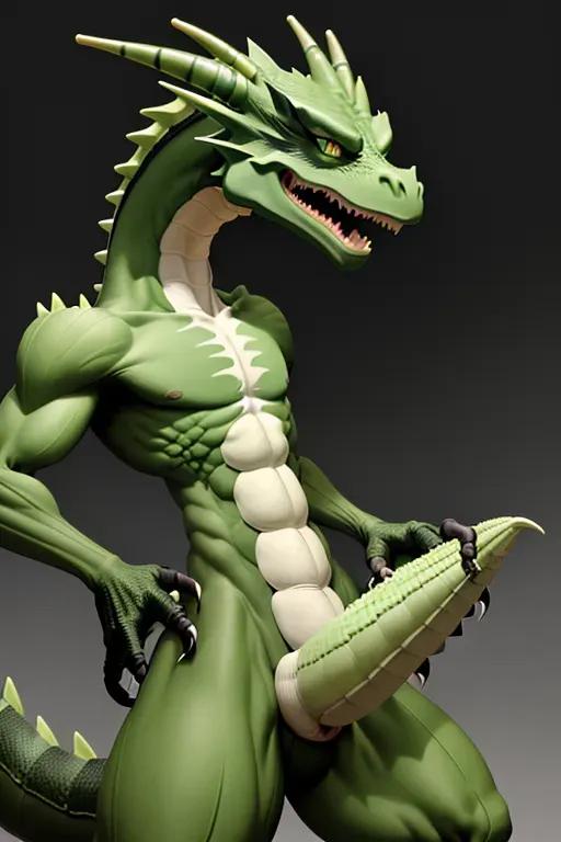 Naked, Green, with a black, stripe, down the spine, and down the body, anthropomorphic, dragon, has bright green, erect, hemipenes, from a cloaca, and green, short hair.
