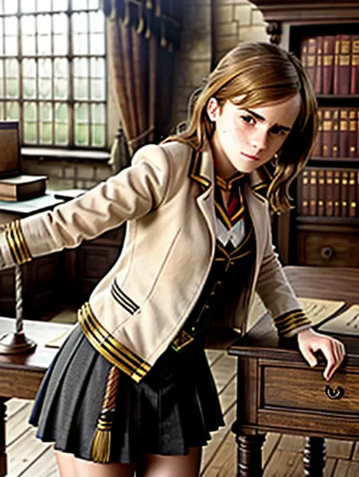 a highly detailed digital photo, realistic photo, a young woman, (((Emma Watson))), (((as Hermione Granger))), (accurate face), wearing a sexy Gryffindor uniform, tight white shirt, open jacket, short skirt, large breasts, toned body, long toned legs, sexy smile, (((bent over desk))), doggy position, view from rear, bare bottom, exposed pussy, realistic pose, pussy showing, moist pussy, skirt pulled up , in Hogwarts classroom, five fingers per hand, erotic, beautiful face, full body view, one girl, sharp focus,