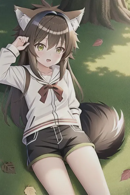 high quality, detailed, anime boy and anime girl, adventurers, brown hair, green eyes, wolf ears on head, fluffy ears, fluffy tail, cute, leaf design clothing, shorts, isekai, asleep