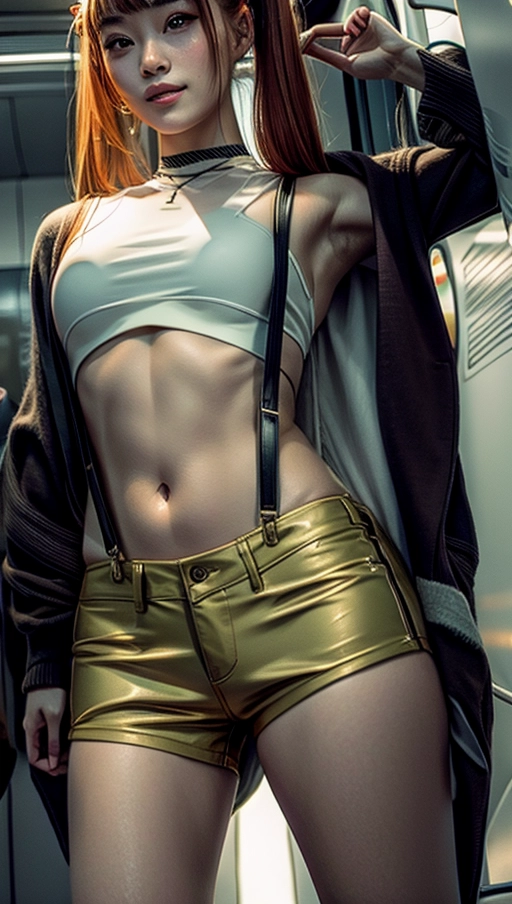 full length photograph of a sexy Japanese girl in scanty clothing standing in a crowded commuter train,
(photorealistic:1.4), (masterpiece:1.4), (best quality:1.4), ultra high res, bokeh, ((detailed facial features)), full length professional photograph of beautiful confident 20 year old Japanese female, slim athletic body, ((tiny black shorts with braces:1.1)), (prominent cameltoe:1.1), ((tiny crop top:1.1)), (ghost nipples:1.2), ginger hair in pigtails,
(best quality), ((extremely accurate smiling face)), <lora:dpmg_add_detail:0.7>, (high resolution), dynamic, (((masterpiece))), (uhd), (8k),