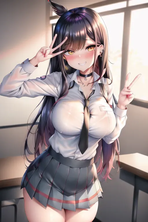 best quality, 1futa, standing, grin, peace sign, earrings, (barbell piercing), looking at viewer, collared shirt, black choker, necktie, skirt, classroom, dpmg_marin_kitagawa_v1, futanari, dickgirl, erection, huge cock