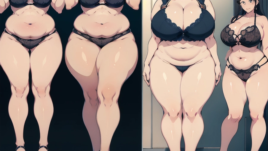 (the same woman pictured 4 times in different frames), screen is divided picturing the same woman 4 times, full body image, (bbwfication), sexy woman gains weight, thin to bbw, thinnest woman is 100lbs on the left, thin to fat left to right,