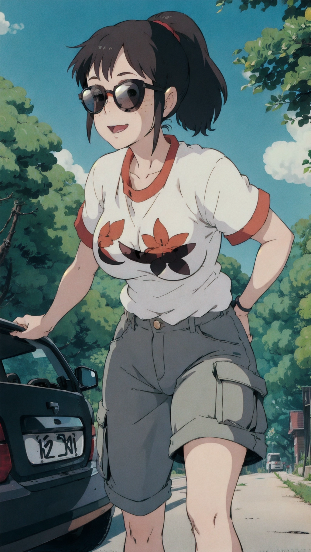 Ghibli style, A woman, pony tail, freckles, medium boobs, cargo pants, shirt, sunglasses, happy, sexy, close up, in a small town, nature, <lora:dpmg_ghibli_style:0.92>