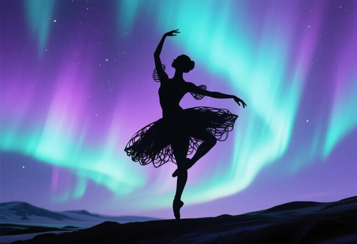 A Mystical Aurora Silhouette of a dancing ballerina, with dark, intricate outlines against a backdrop of vibrant aurora lights. Use a color palette of lavender and mint green to create a mesmerizing and ethereal atmosphere