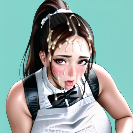 A 8k resolution photo shot of, brunette American housewife with high ponytail,dpmg_face_cum_v1, <lora:bukkake:1>,kneeling, facial cumshot, surprised look, mouth open, shocked look on her face((wearing a kitchen apron outfit with her breasts sticking out of the top)),((revealing two boobs out)),((perfectly nipples placement)),((detailed hair features)),((detailed facial features)),((detailed body features)),((detailed arms features)),(textured skin),((beautiful lips)),((highly detailed)),((8k resolution photo shot)),((detailed kitchen background)),