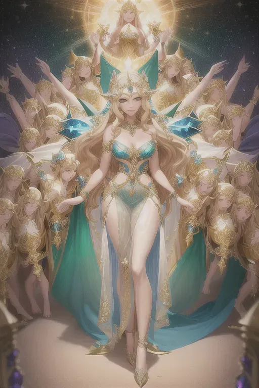 Semi-transparent diaphanous gown with iridescent patterns, Celestial belt adorned with stardust-like gemstones, Shimmering bracelets, Intricate tiara adorned with luminescent gemstones, Golden blonde hair cascading down her shoulders in loose waves, Vibrant combination of deep emerald and sapphire eyes, Full and luscious lips with a natural flush, Radiant smile with a perfect balance of warmth and mischief, Captivating hips, alluring sides, and shapely waist, Enchanting gaze revealing boundless compassion and unwavering faith, Mesmerizing beauty that seems to radiate from within, cleric paladin acolyte, pussy seen through clothes,