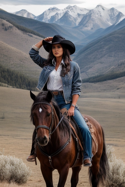 A professional photograph of a cowgirl riding her horse
((cowgirl has long brunette waving hair))
((girl wearing open Jeansjacket, jeans, transparen white blouse))
((Cowgirl is dressed in black))
((Cowgirl is wearing a small black hat))
((Horse is black))
girl lookin into camera
Background is Rocky Mountain landscape
Canon 20mm
realistic picture
<lora:dpmg_add_detail:1>