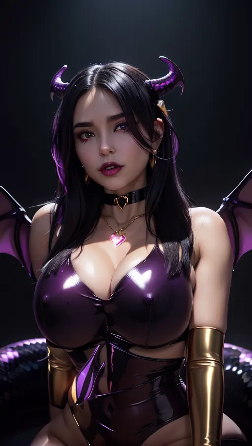 best quality, (((ultra high res))), (detailed face and eyes), hearts, perfect face, heart choker, golden earrings, jewelry, purple glowing heart, (black latex), purple heart necklace, (((succubus))), horns, tail, snake coiling, perfect tits, (huge tits), (golden snake), ((heart nipple patches)), black hair