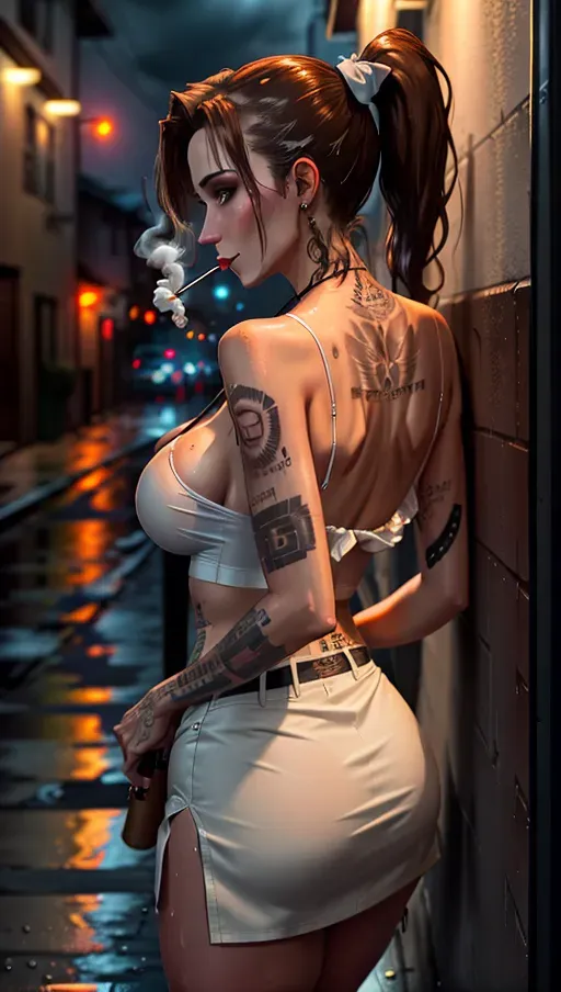 Waitress, miniskirt, brown hair, ponytail, back alley, nighttime, raining, smoking a cigarette, leaning against wall, medium breast, white blouse, unbuttoned, cleavage, wet clothes, wet skin, tattooed,